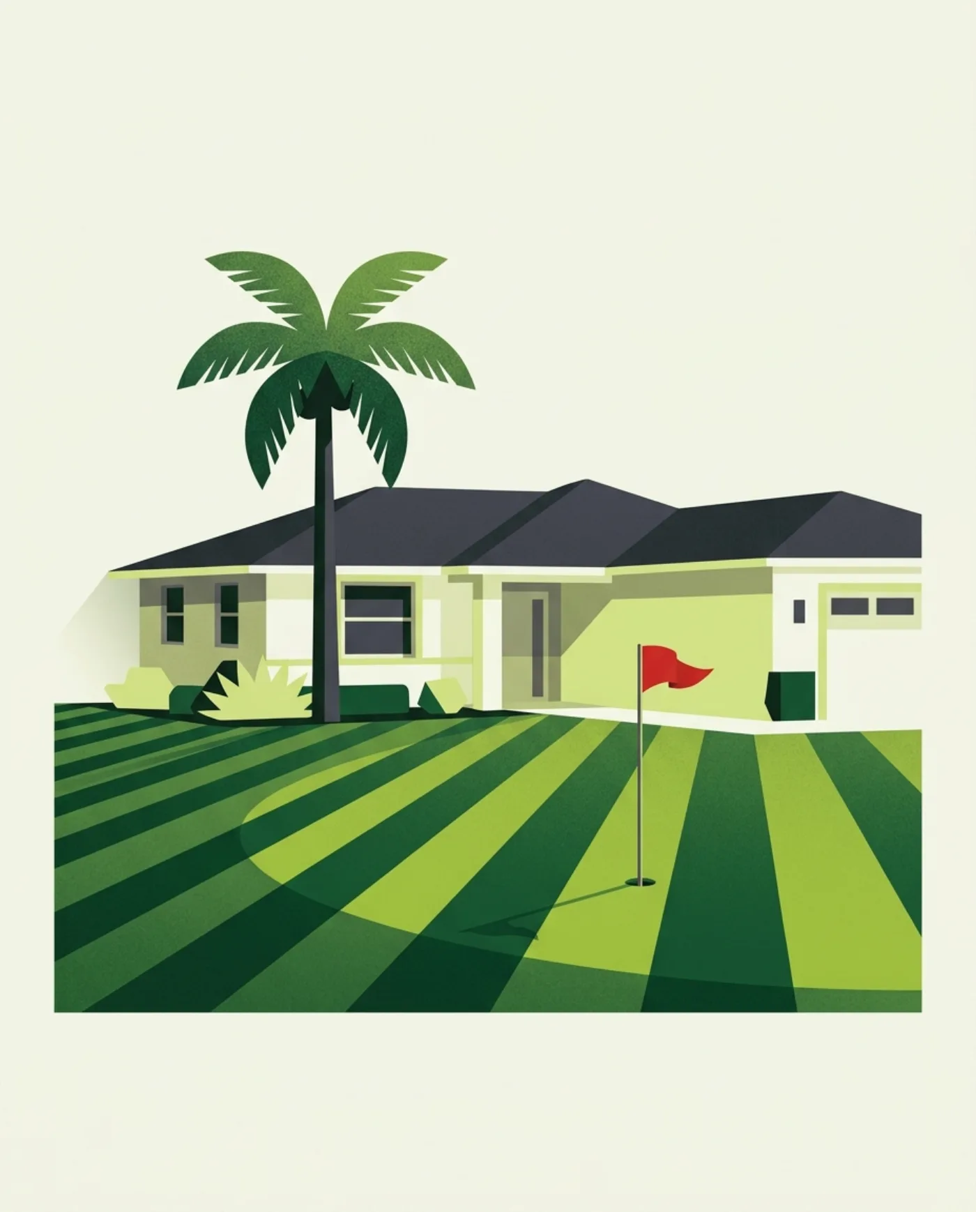 Illustration of a striped, golf-course-quality lawn with a flag in front of a Florida home
