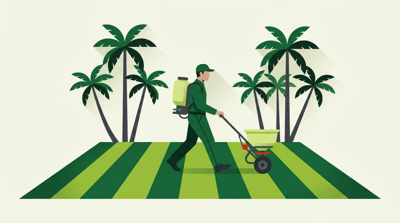 Illustration of a lawn care technician spreading fertilizer across a striped lawn