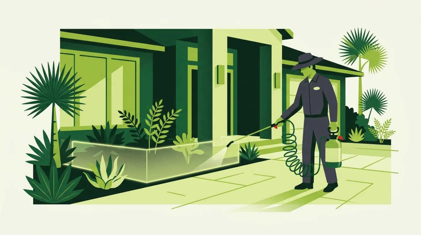 Illustration of a pest control technician treating the foundation of a Florida home